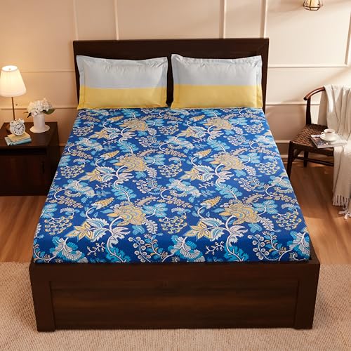 Blue Floral Printed Queen Flat Bedsheet with 2 Pillow Covers