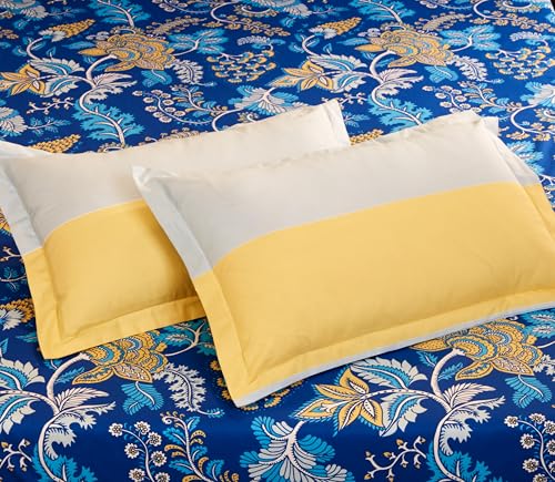 Blue Floral Printed Queen Flat Bedsheet with 2 Pillow Covers