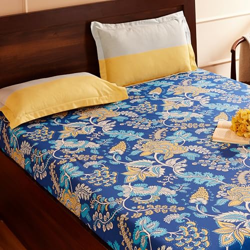 Blue Floral Printed Queen Flat Bedsheet with 2 Pillow Covers
