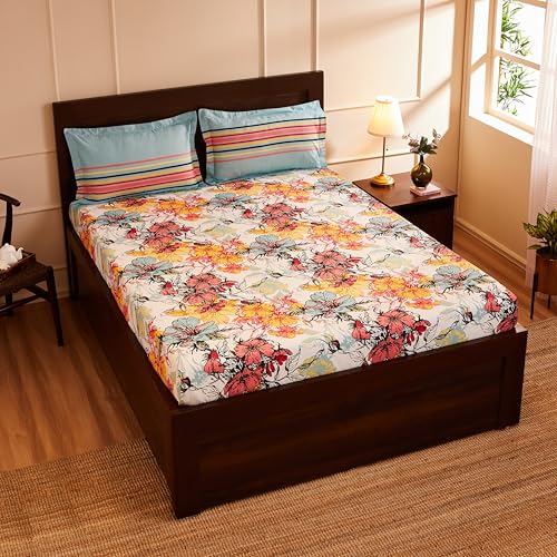 Multicolor Floral Printed Queen Flat Bedsheet with 2 Pillow Covers