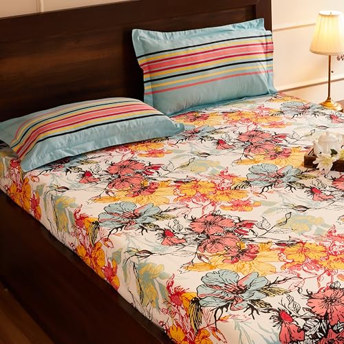 Multicolor Floral Printed Queen Flat Bedsheet with 2 Pillow Covers