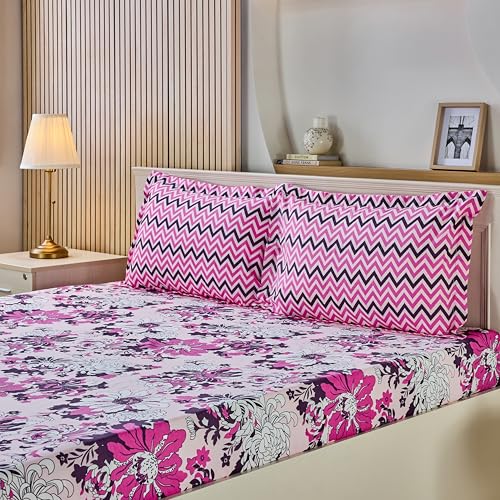 Pink Floral Printed Queen Flat Bedsheet with 2 Pillow Covers