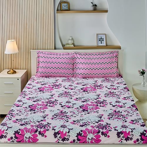 Pink Floral Printed Queen Flat Bedsheet with 2 Pillow Covers