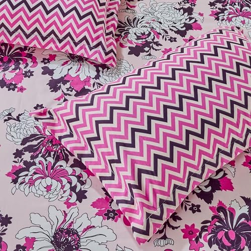 Pink Floral Printed Queen Flat Bedsheet with 2 Pillow Covers