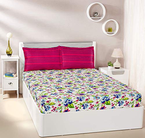 Multicolor Floral Printed Queen Flat Bedsheet with 2 Pillow Covers