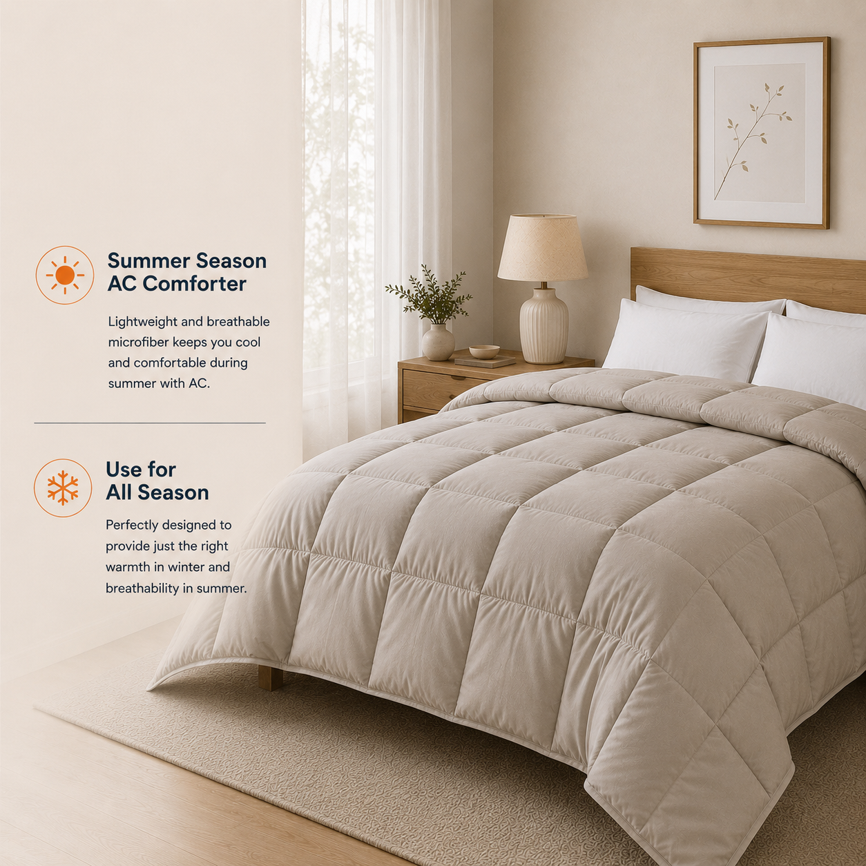 Solid Warm Grey Microfiber Comforter – 220 GSM All-Season AC Comforter & Blanket