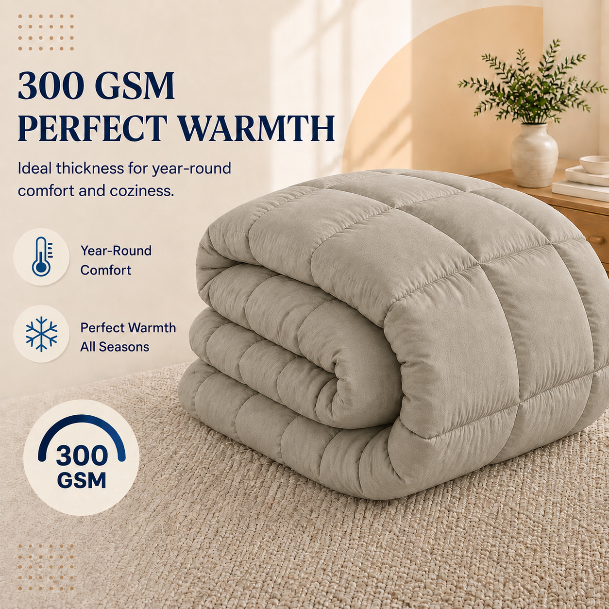 Solid Warm Grey Microfiber Comforter – 300 GSM All-Season AC Comforter & Blanket