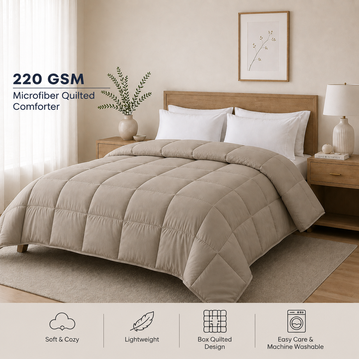 Solid Warm Grey Microfiber Comforter – 220 GSM All-Season AC Comforter & Blanket