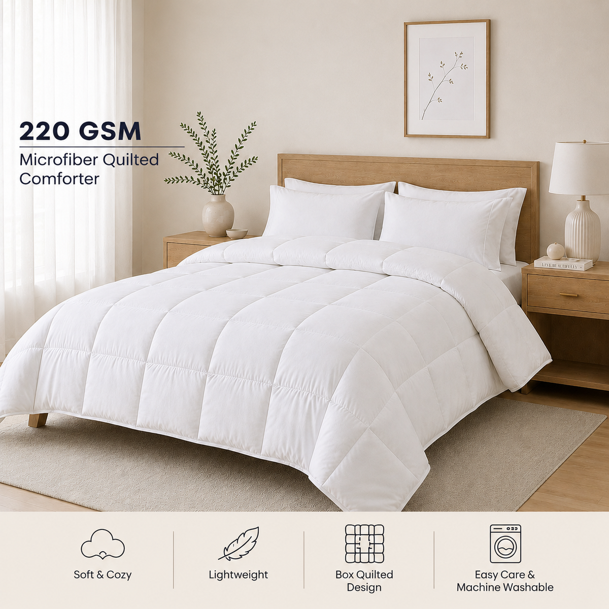 Solid White Microfiber Comforter – 220 GSM All-Season AC Comforter & Blanket