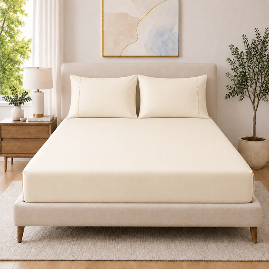 400 Thread Count 100% Organic Cotton Fagoting Style Ivory Premium Bedsheet King Size