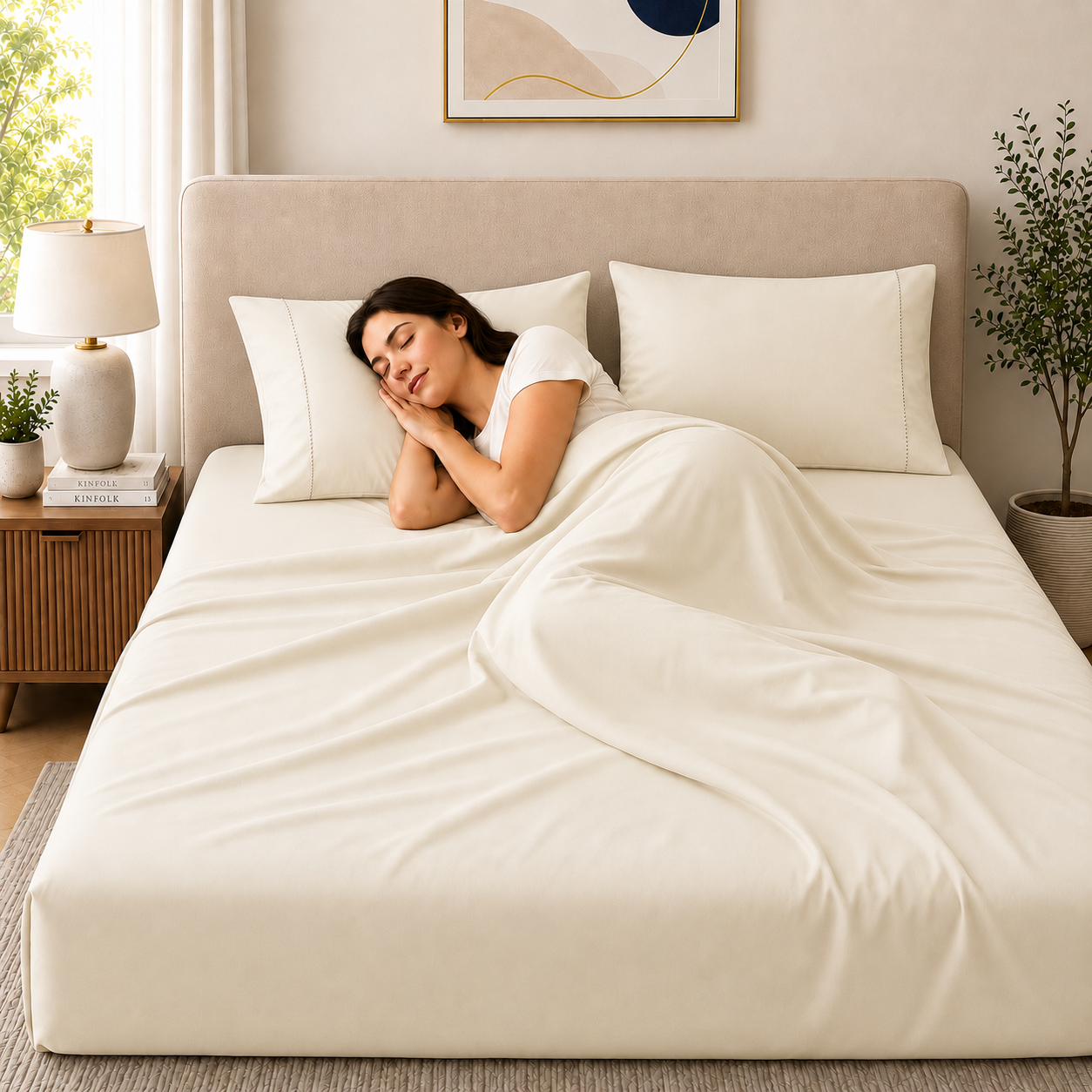 400 Thread Count 100% Organic Cotton Fagoting Style Ivory Premium Bedsheet King Size