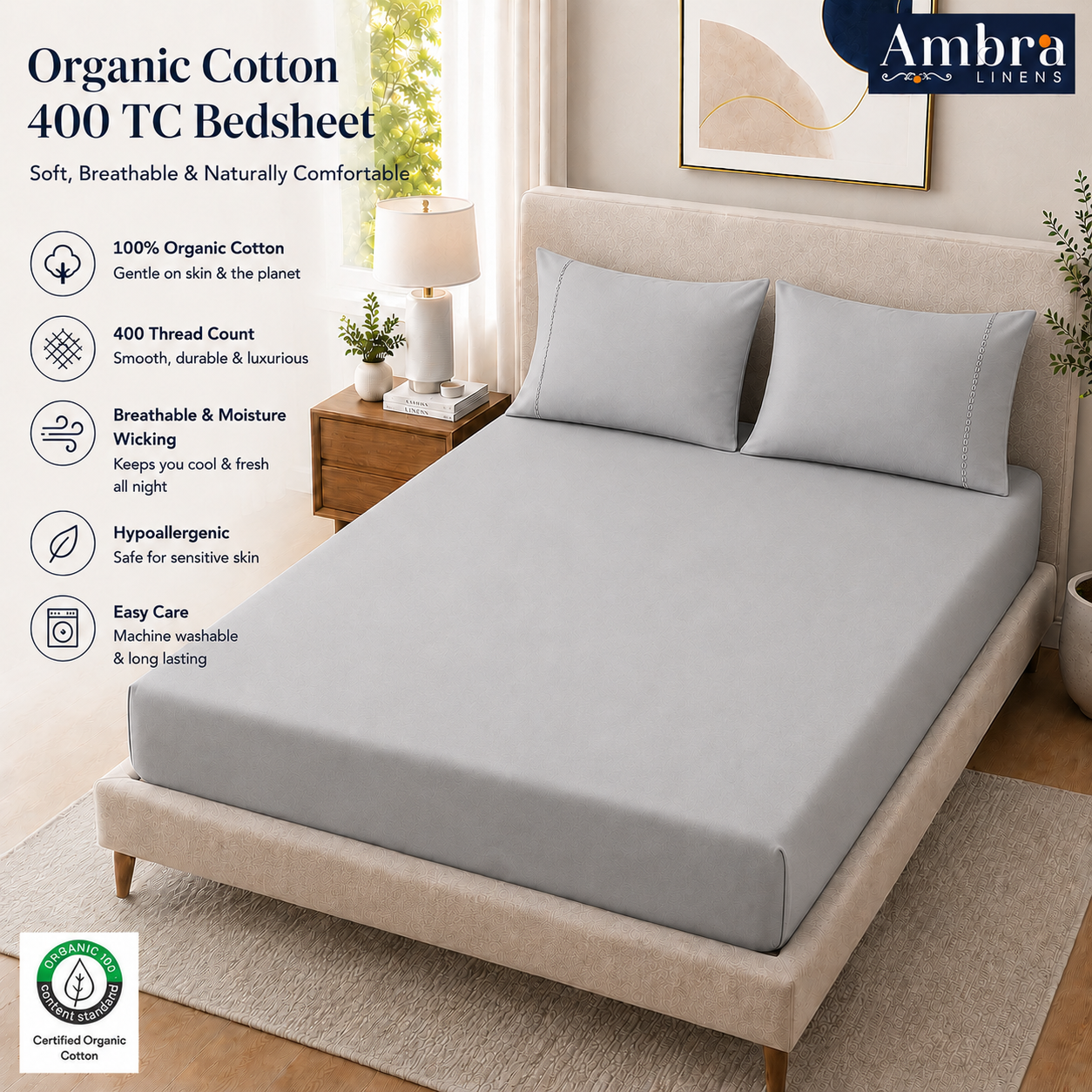 400 Thread Count 100% Organic Cotton Fagoting Style Grey Mist Premium Bedsheet King Size