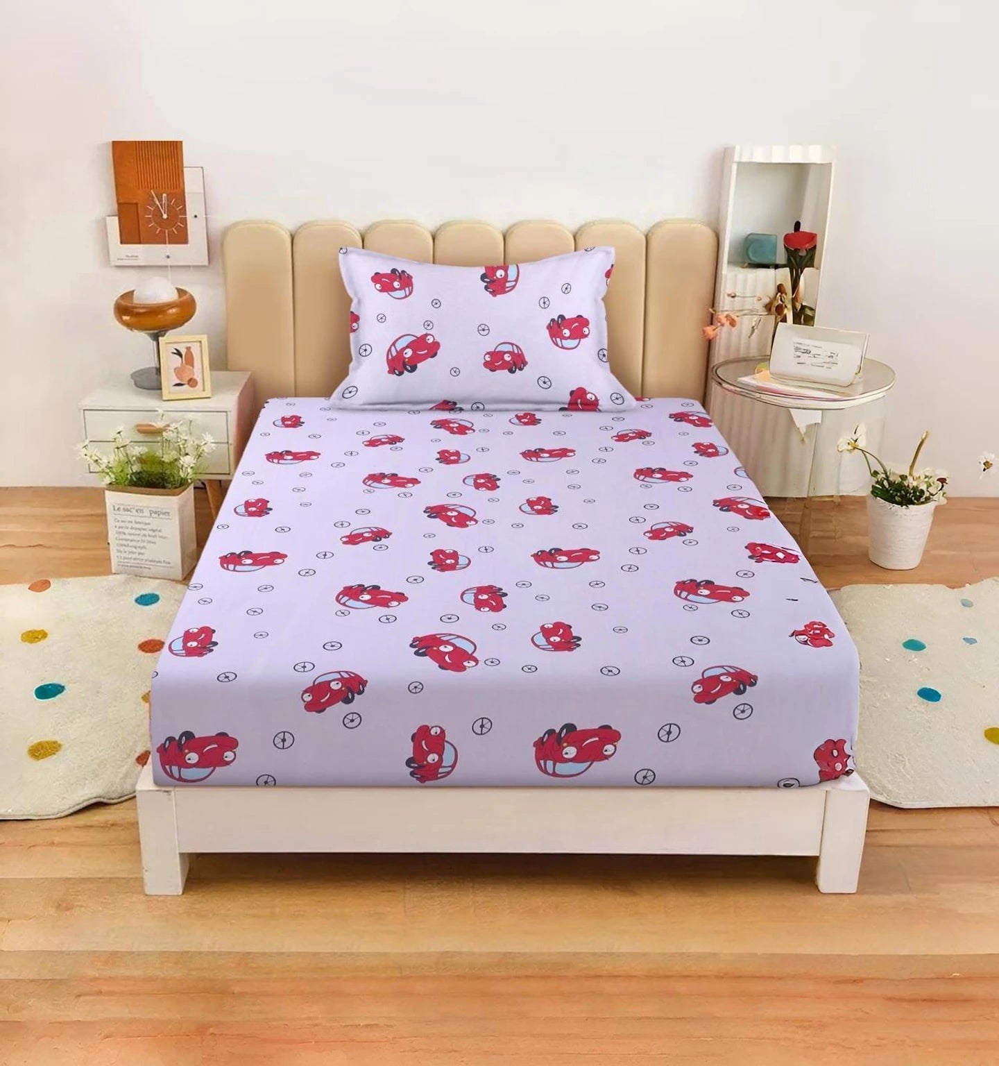Cartoon Car Theme Cotton Bedsheet For Kids with Pillow Cover