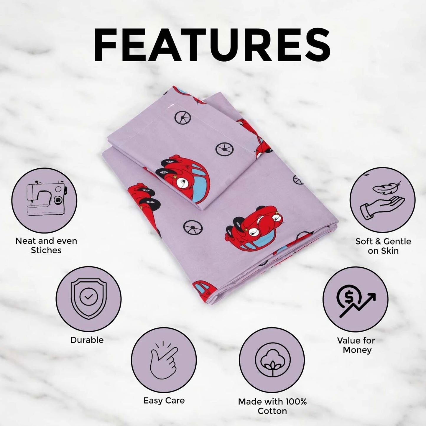 Cartoon Car Theme Cotton Bedsheet For Kids with Pillow Cover