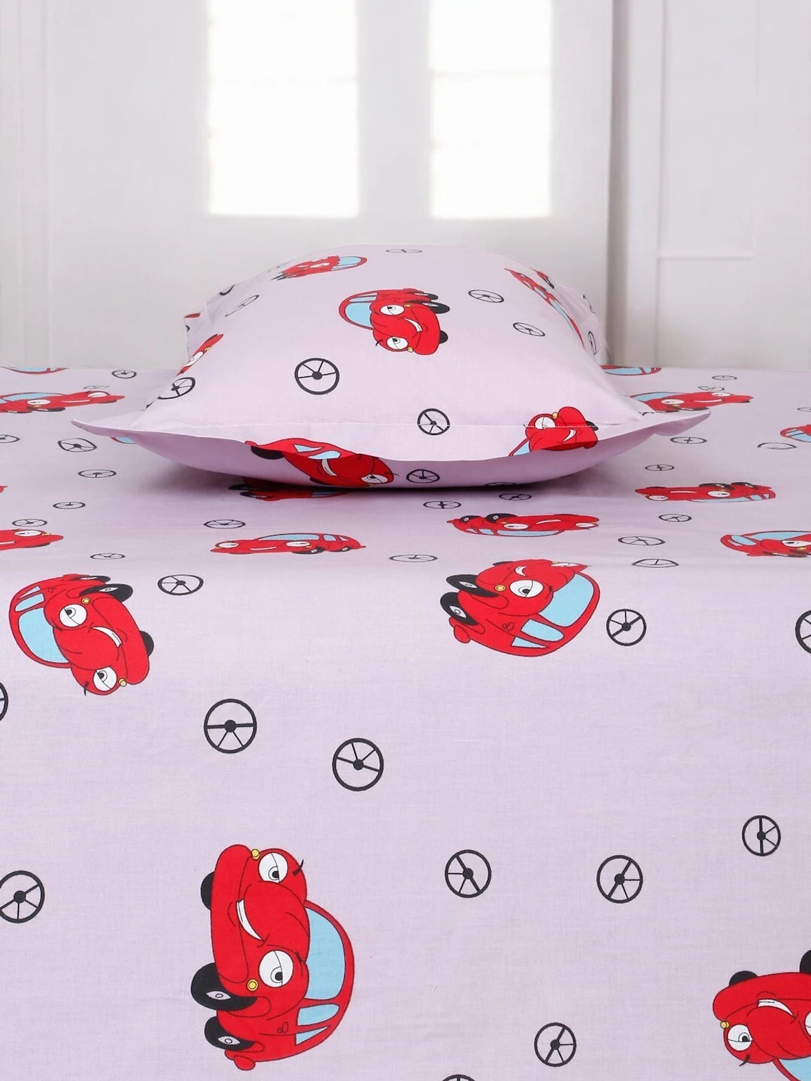 Cartoon Car Theme Cotton Bedsheet For Kids with Pillow Cover