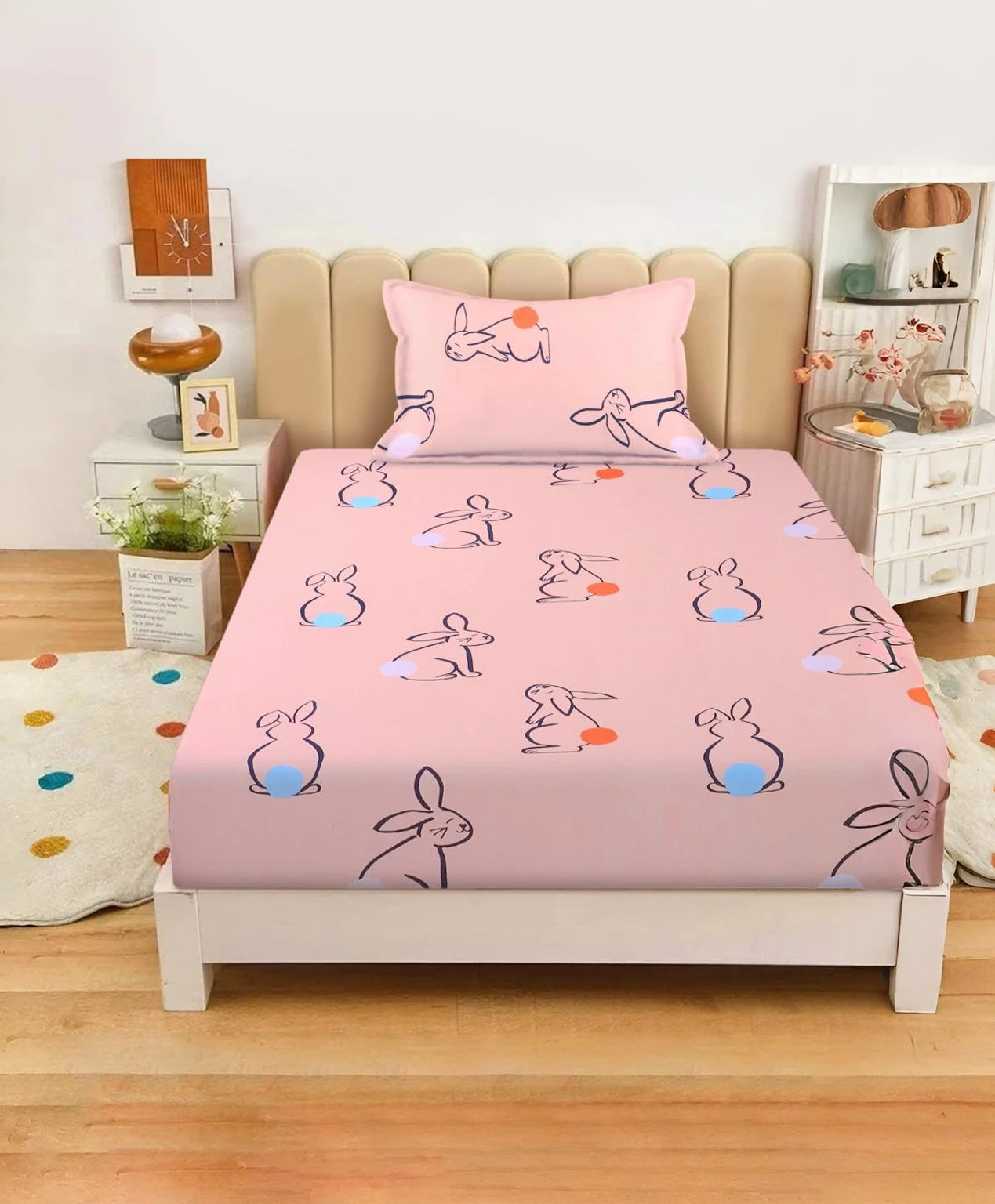 Cute Bunny Print Kids Bedsheet with Pillow Cover
