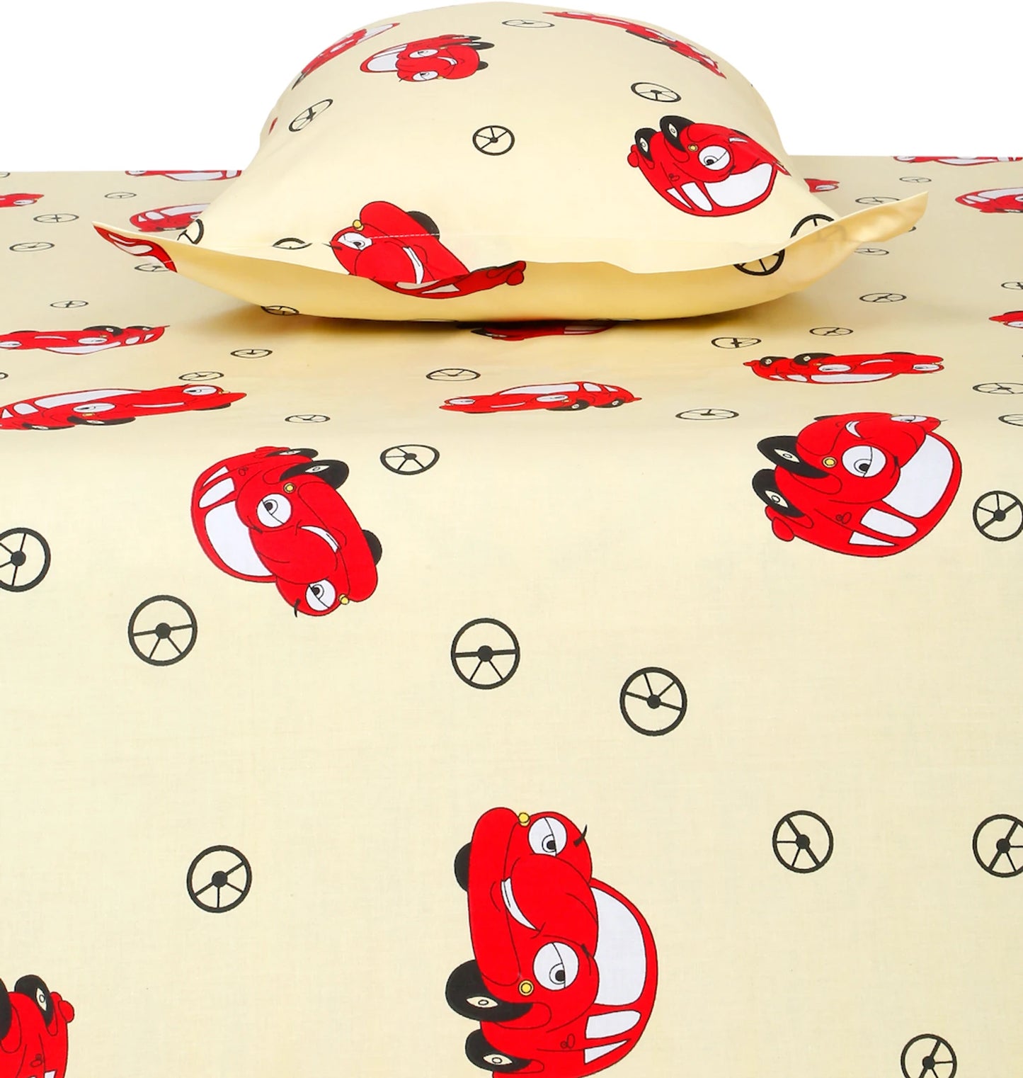 Cartoon Car Theme Cotton Bedsheet For Kids with Pillow Cover