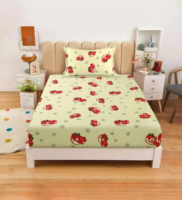 Cartoon Car Theme Cotton Bedsheet For Kids with Pillow Cover