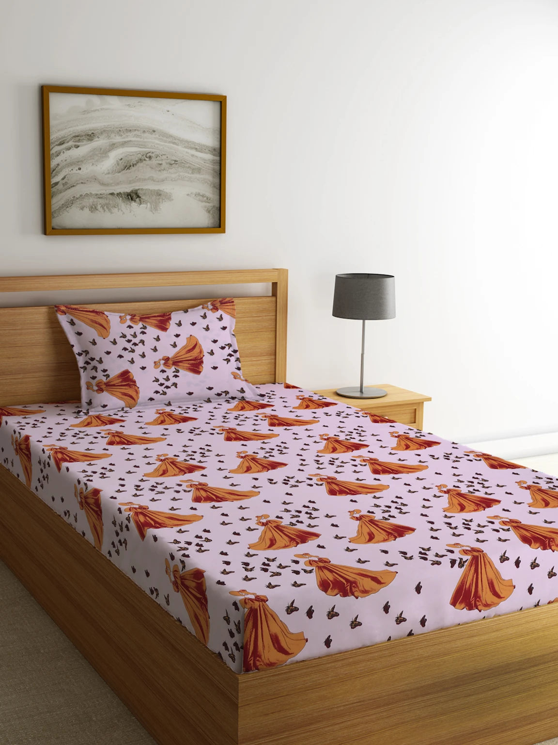 Cute Fairytale Theme Princess Print Kids Bedsheet with Pillow Cover
