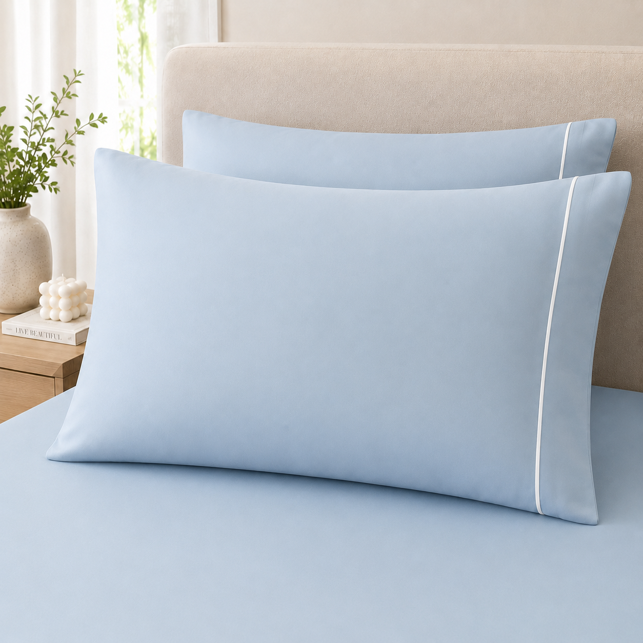 400 Thread Count 100% Organic Cotton Merrow Design Pearl Blue – White Premium Bedsheet King Size